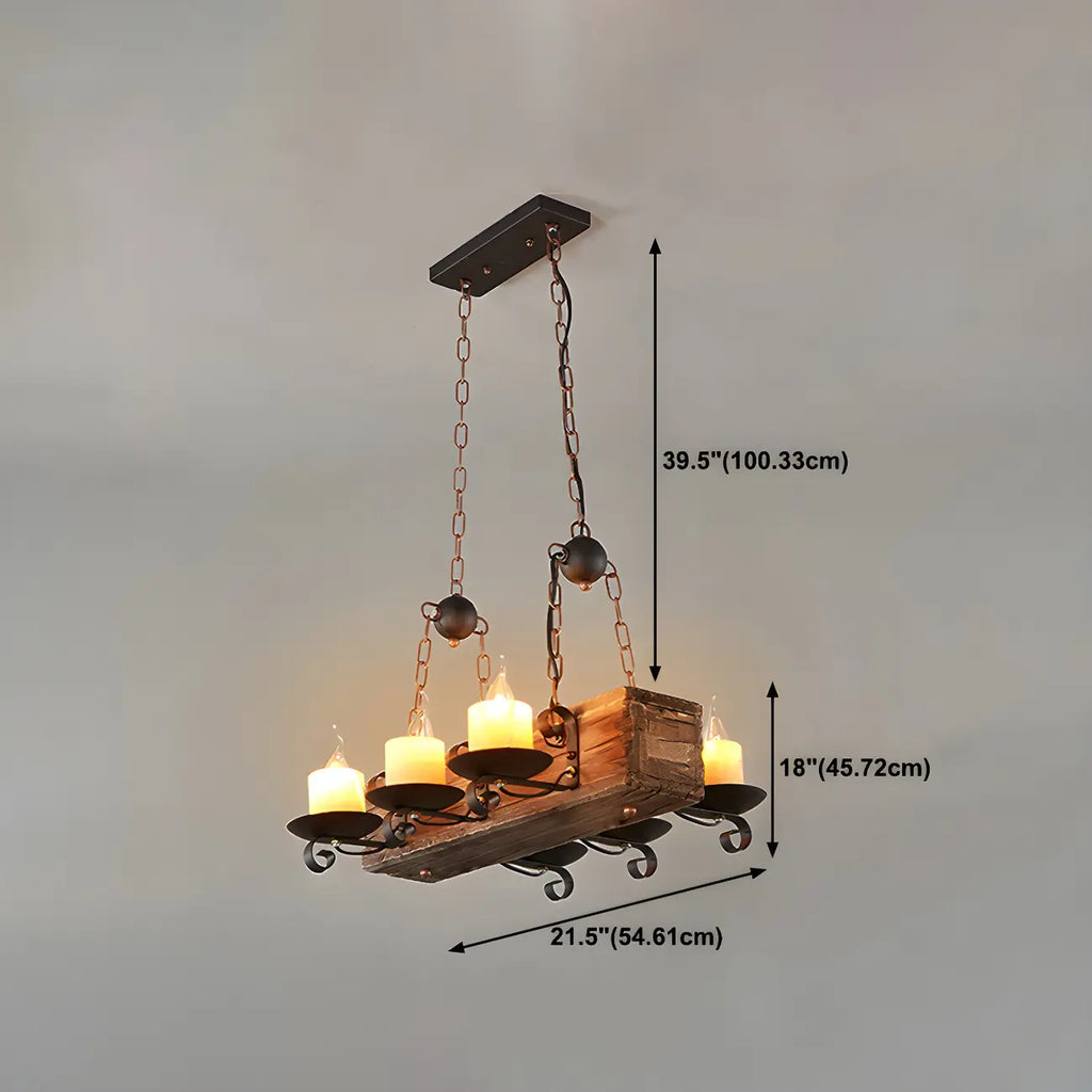 Lustre rectangulaire industriel rustique en bois et verre vintage
