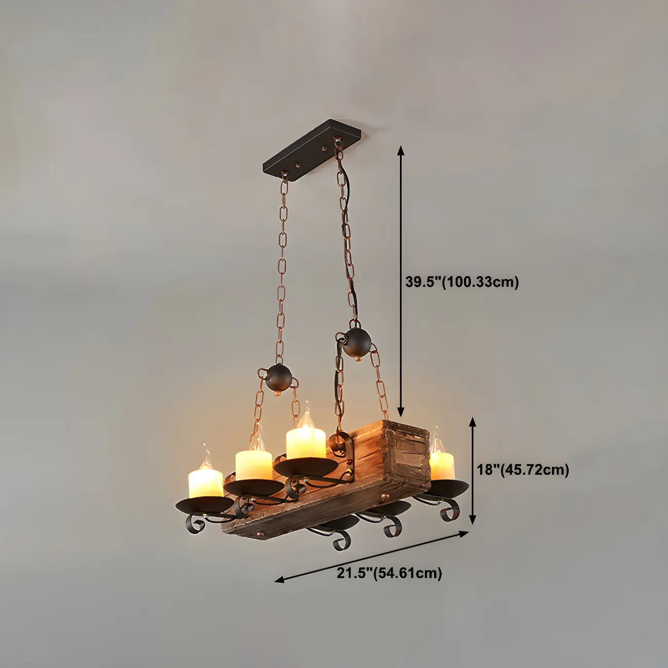 Lustre rectangulaire industriel rustique en bois et verre vintage