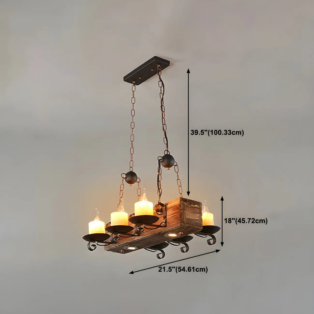 Lustre rectangulaire industriel rustique en bois et verre vintage
