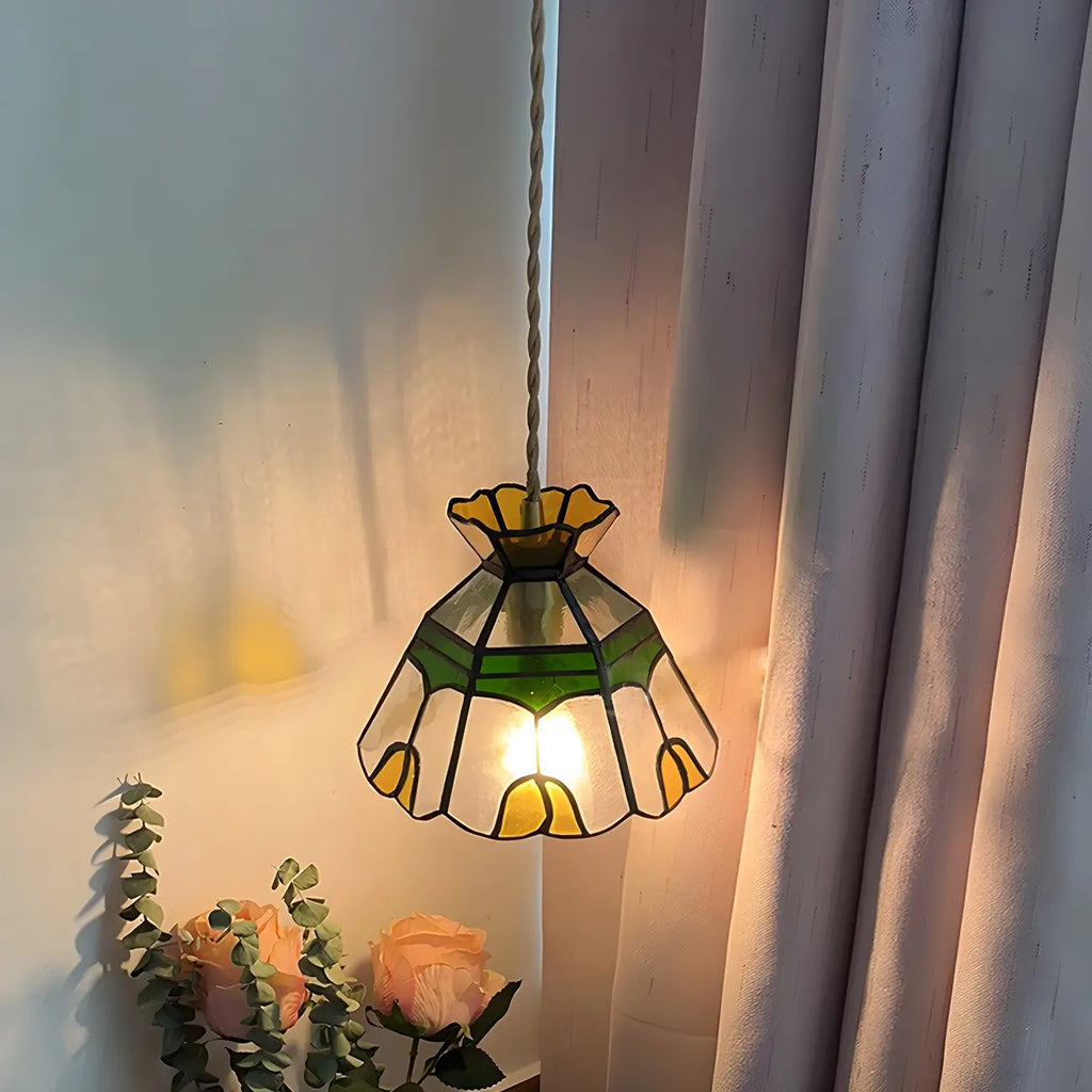 Suspension en laiton avec vitrail floral et hauteur réglable