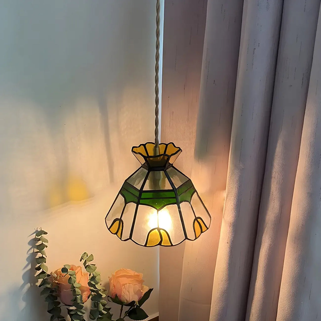 Suspension en laiton avec vitrail floral et hauteur réglable
