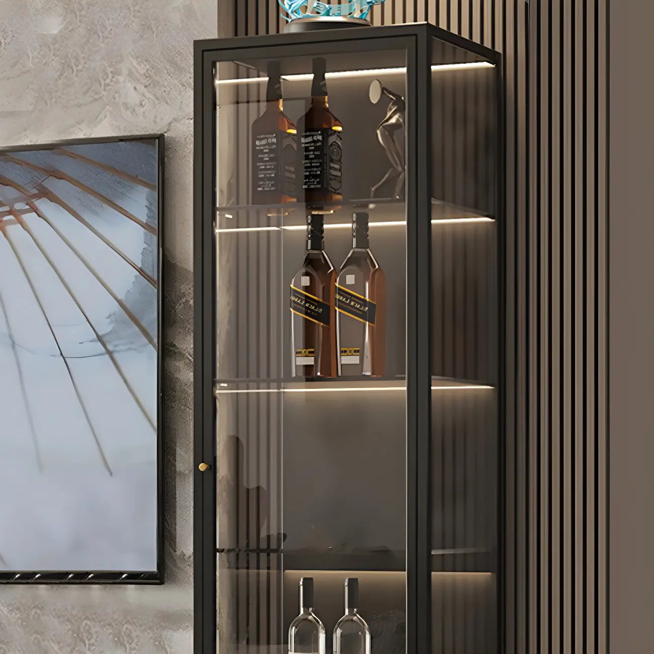 Élégante vitrine moderne en métal noir et verre.