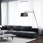 Lampadaire nordique en fer noir avec abat-jour en tissu