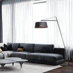 Lampadaire nordique en fer noir avec abat-jour en tissu