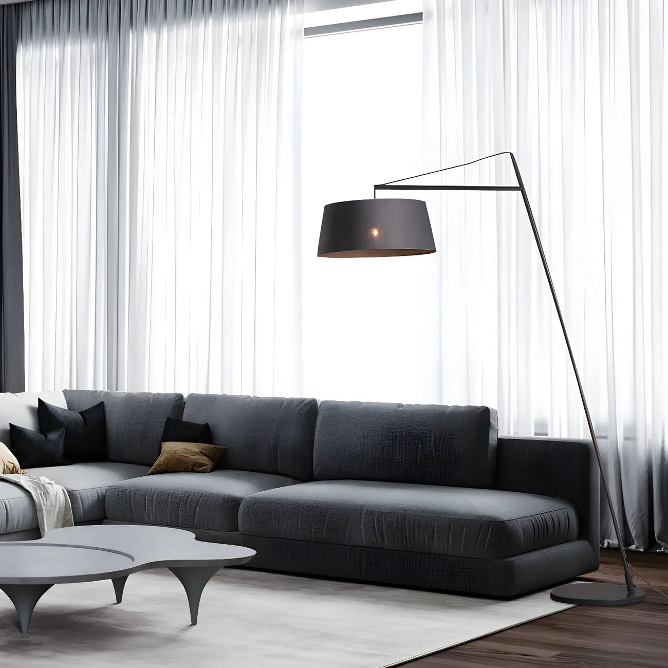 Lampadaire nordique en fer noir avec abat-jour en tissu