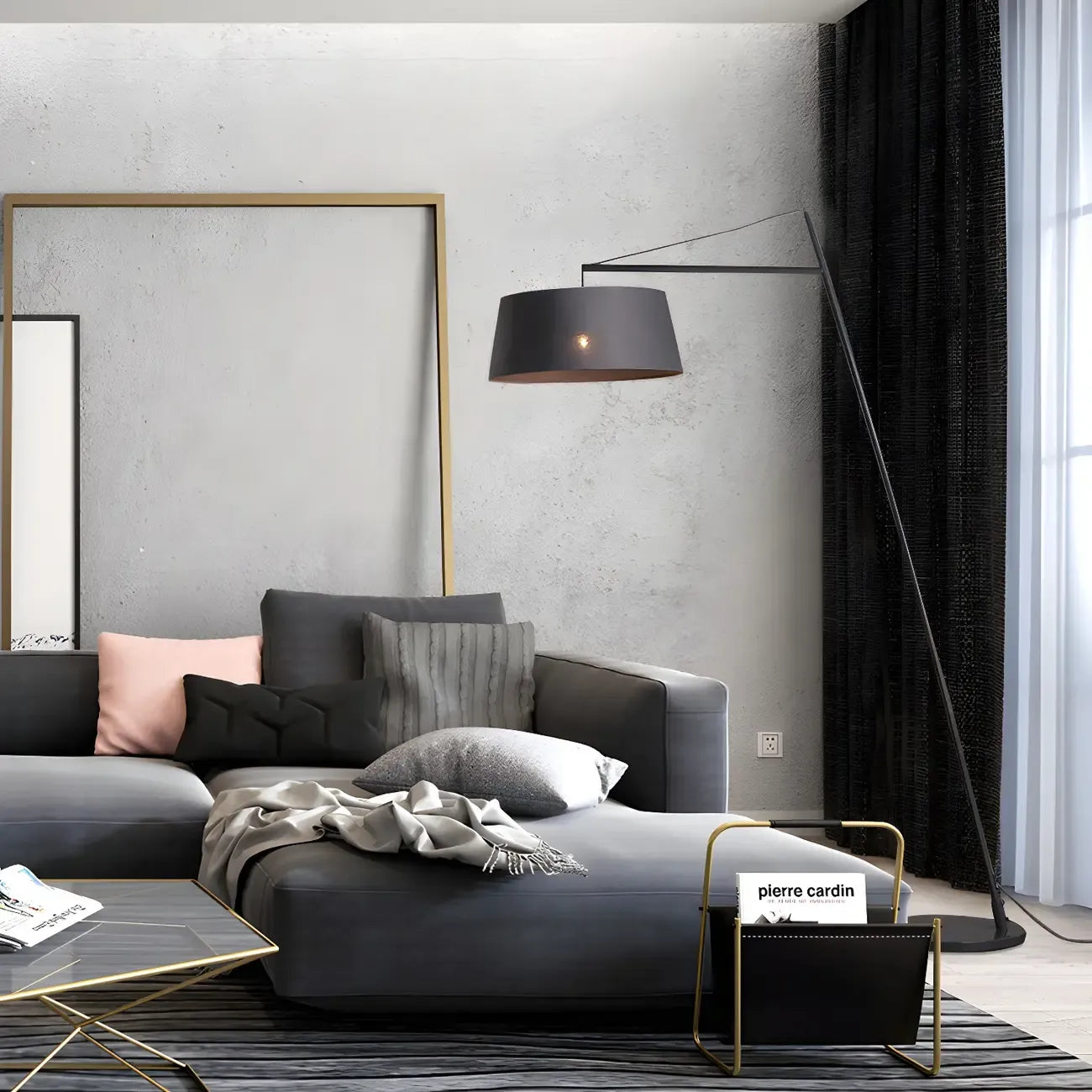 Lampadaire nordique en fer noir avec abat-jour en tissu