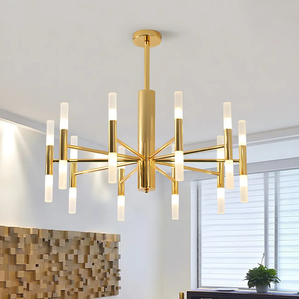 Lustre élégant à plusieurs lumières avec abat-jour en verre tubulaire.