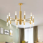 Lustre élégant à plusieurs lumières avec abat-jour en verre tubulaire.