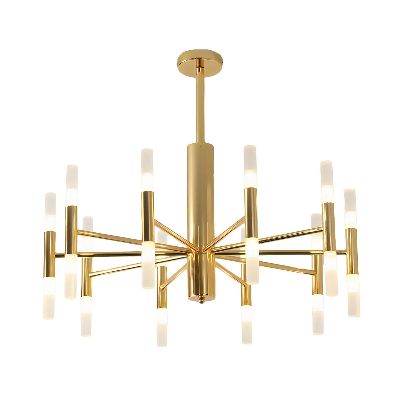 Lustre élégant à plusieurs lumières avec abat-jour en verre tubulaire.