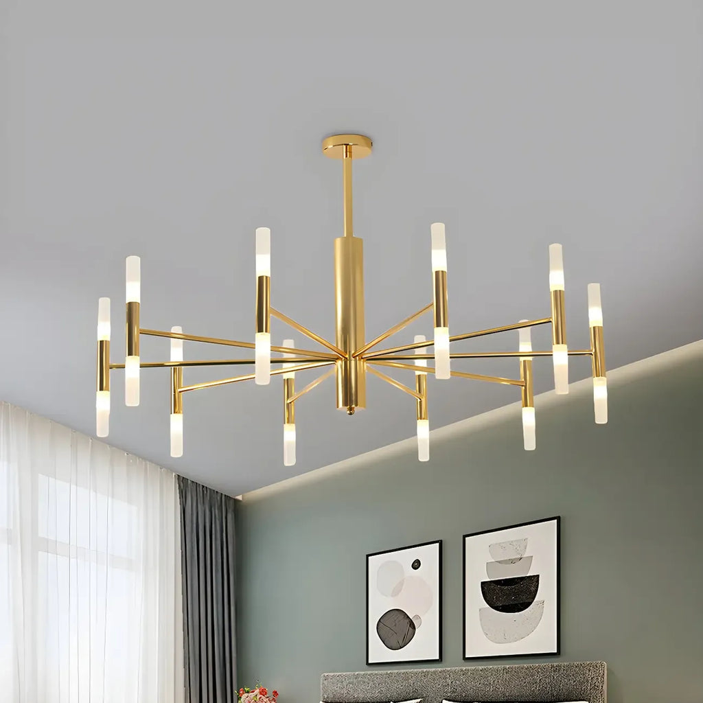 Lustre élégant à plusieurs lumières avec abat-jour en verre tubulaire.