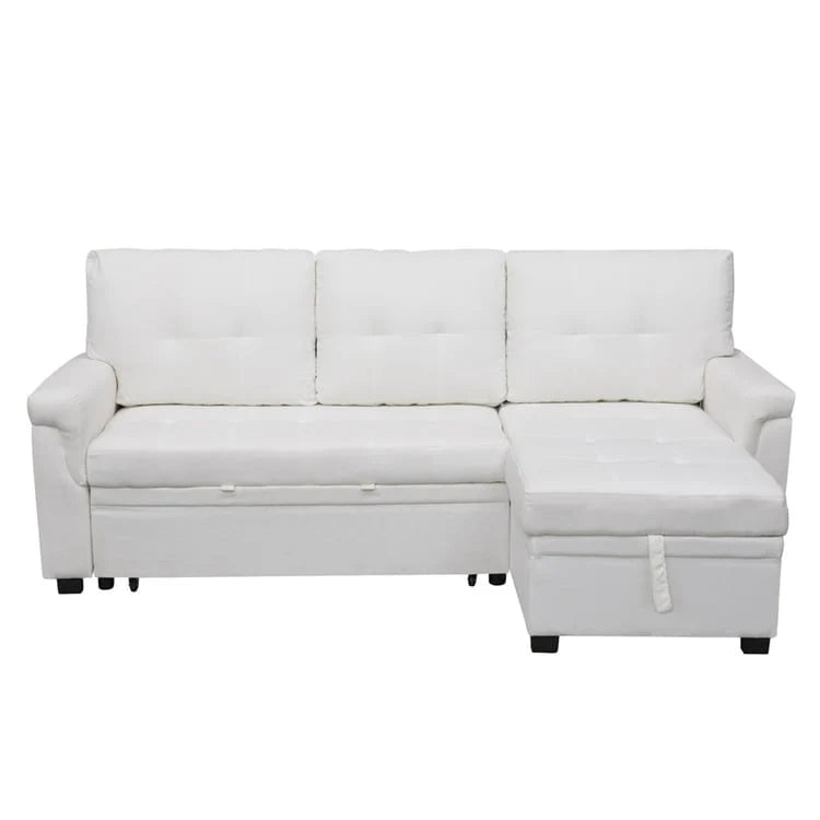 Canapé d'angle convertible et réversible avec lit gigogne, méridienne de rangement dissimulée et pieds robustes.