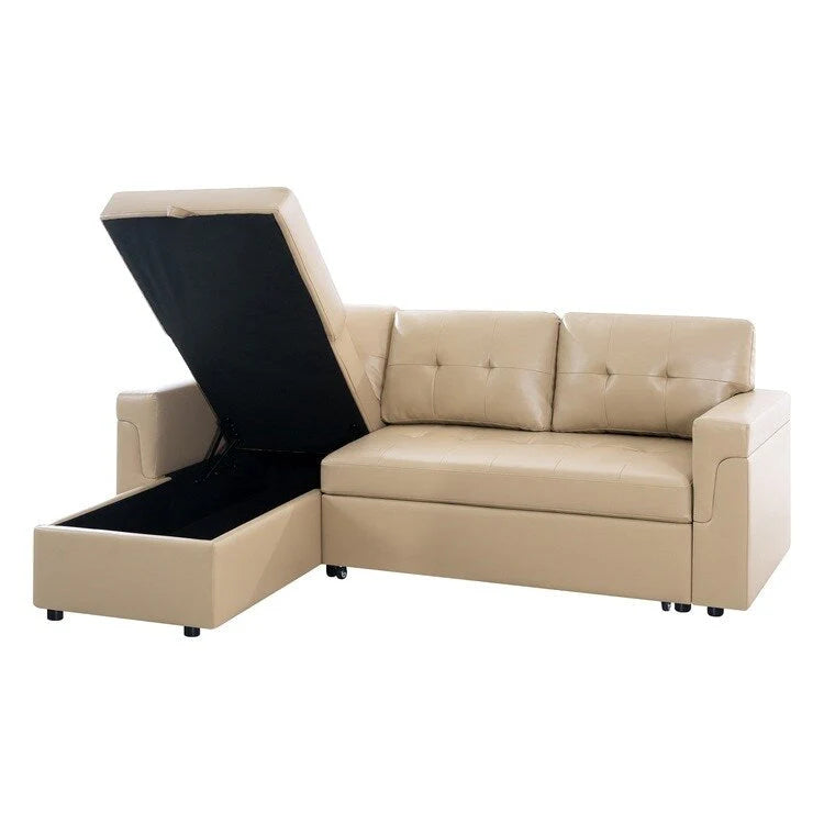 Canapé d'angle convertible et réversible avec lit gigogne, méridienne de rangement dissimulée et pieds robustes.