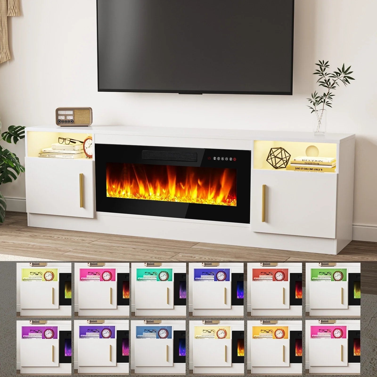 Meuble TV Bossin 70 avec cheminée électrique 36 pouces, compatible avec les téléviseurs jusqu'à 80 pouces, éclairage LED 16 couleurs/centre multimédia