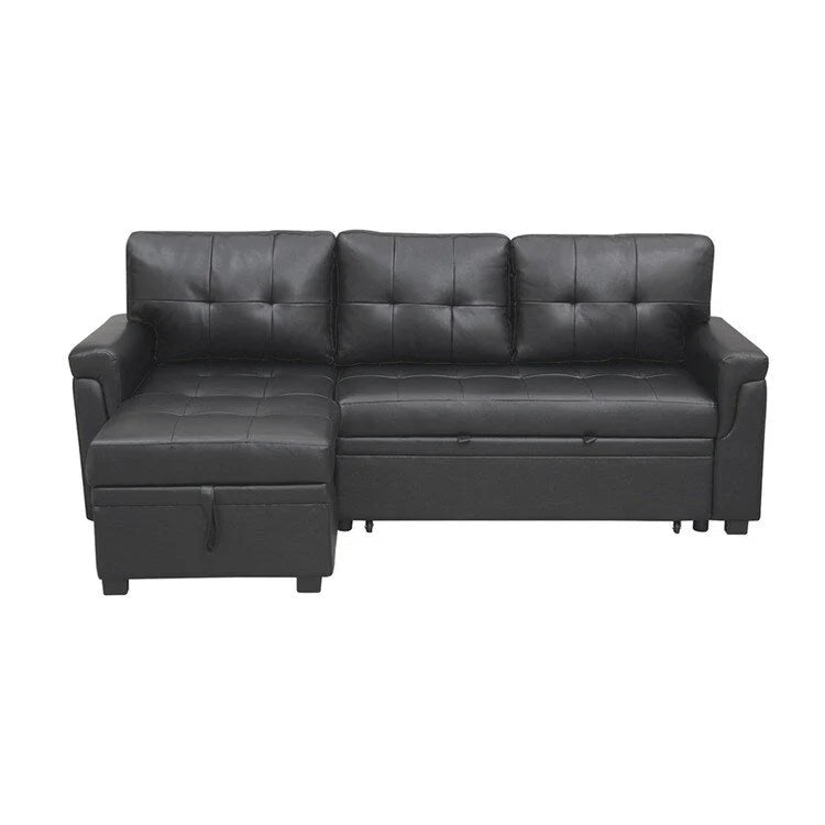 Canapé d'angle convertible et réversible avec lit gigogne, méridienne de rangement dissimulée et pieds robustes.