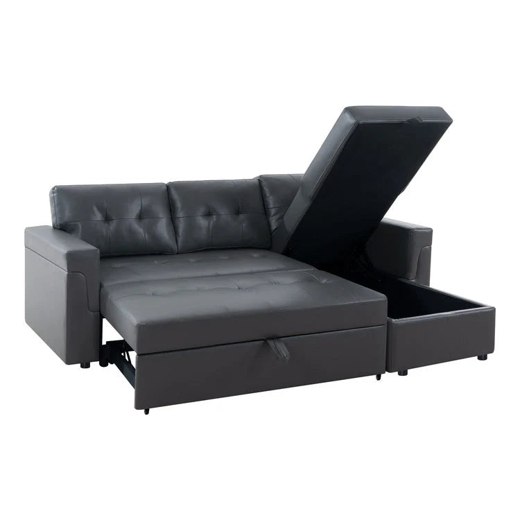 Canapé d'angle convertible et réversible avec lit gigogne, méridienne de rangement dissimulée et pieds robustes.