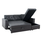 Canapé d'angle convertible et réversible avec lit gigogne, méridienne de rangement dissimulée et pieds robustes.