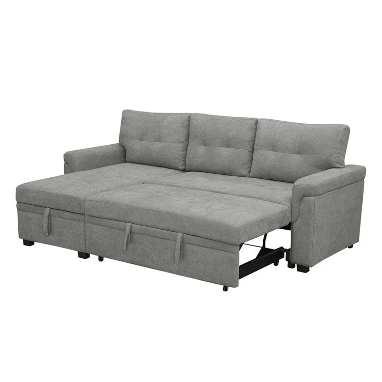 Canapé d'angle convertible et réversible avec lit gigogne, méridienne de rangement dissimulée et pieds robustes.