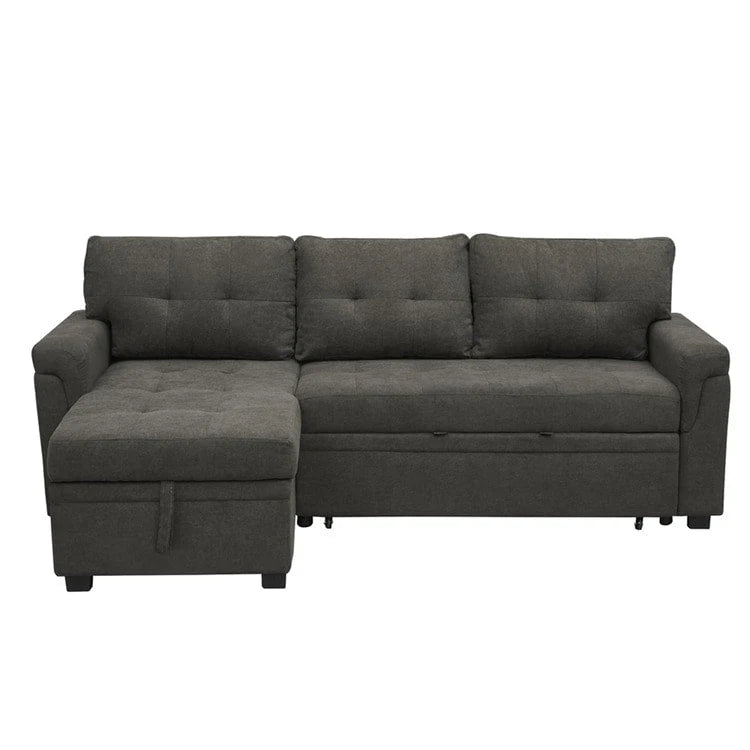 Canapé d'angle convertible et réversible avec lit gigogne, méridienne de rangement dissimulée et pieds robustes.