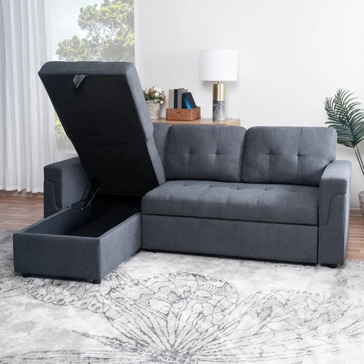 Canapé d'angle convertible et réversible avec lit gigogne, méridienne de rangement dissimulée et pieds robustes.