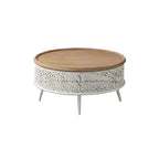 Table basse ronde en bois creux, style français, naturelle et sophistiquée