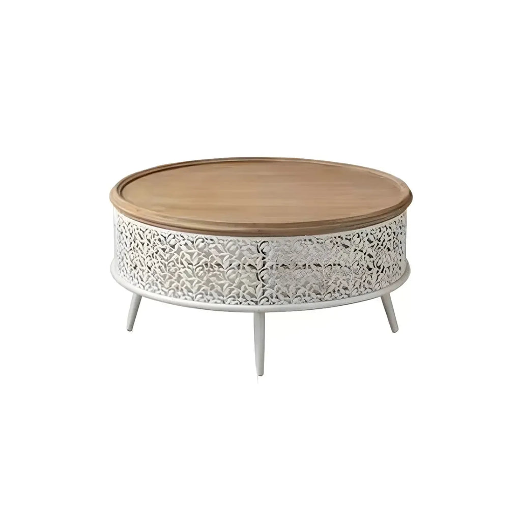 Table basse ronde en bois creux, style français, naturelle et sophistiquée