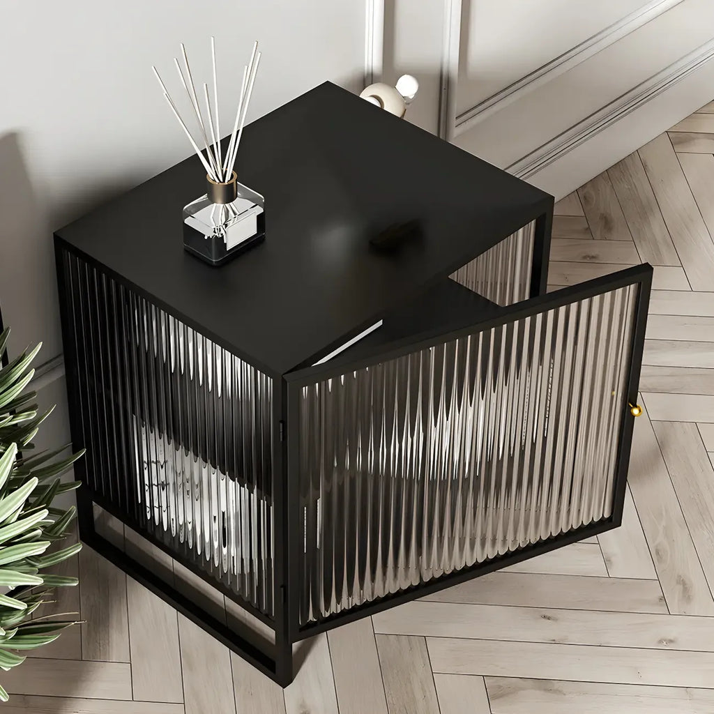 Table de chevet en métal et verre côtelé noir à 2 niveaux