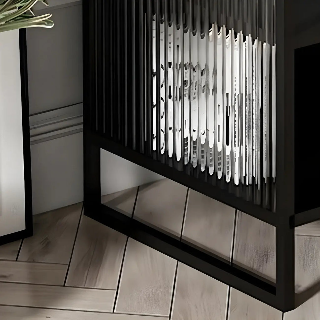 Table de chevet en métal et verre côtelé noir à 2 niveaux