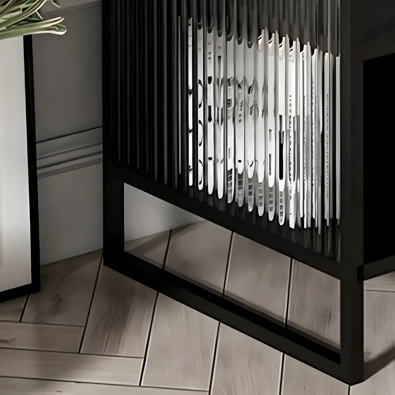 Table de chevet en métal et verre côtelé noir à 2 niveaux
