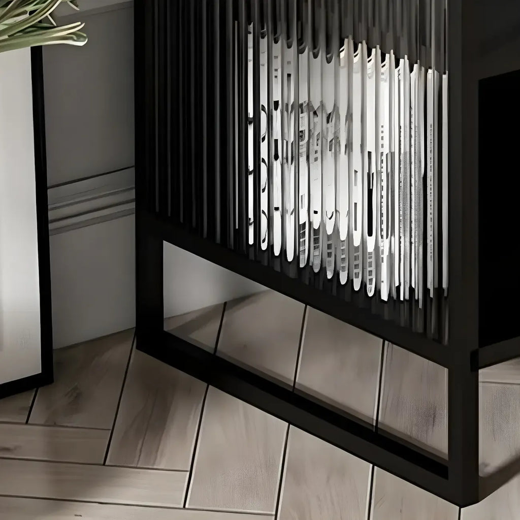 Table de chevet en métal et verre côtelé noir à 2 niveaux