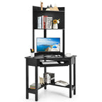 Bureau d'angle triangulaire avec huche - Étagères - Tablette clavier - Noir/Blanc