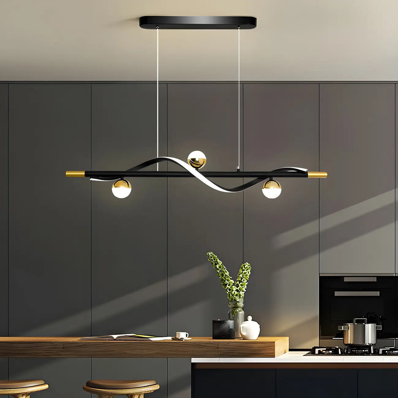 Suspension moderne en métal noir et acrylique à 4 lumières LED à intensité variable