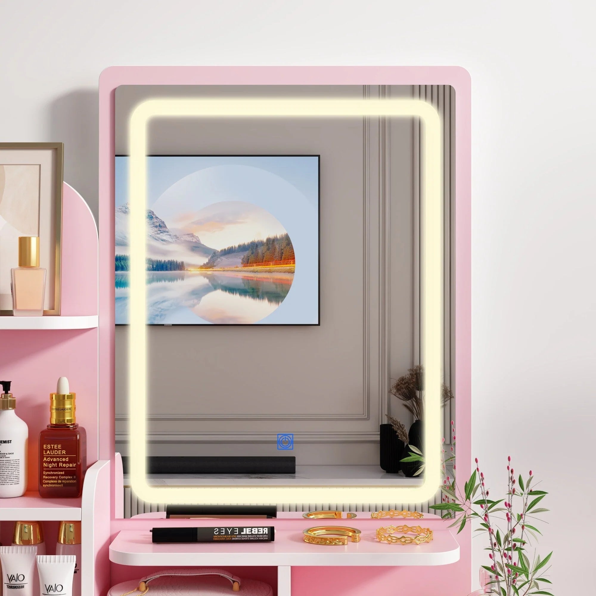 Ensemble coiffeuse avec lumière LED, miroir et tabouret