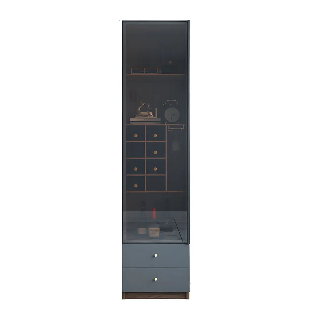 Credenza da esposizione in legno con ante in vetro ambrato e portabottiglie