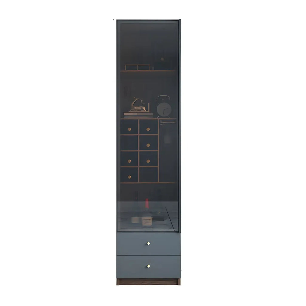 Credenza da esposizione in legno con ante in vetro ambrato e portabottiglie