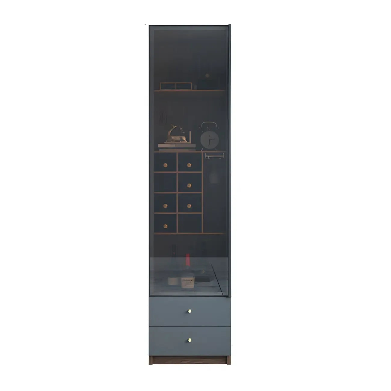Credenza da esposizione in legno con ante in vetro ambrato e portabottiglie