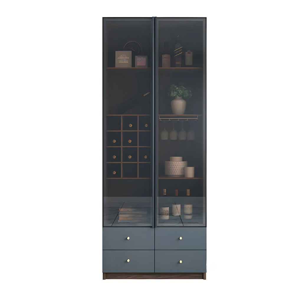Credenza da esposizione in legno con ante in vetro ambrato e portabottiglie