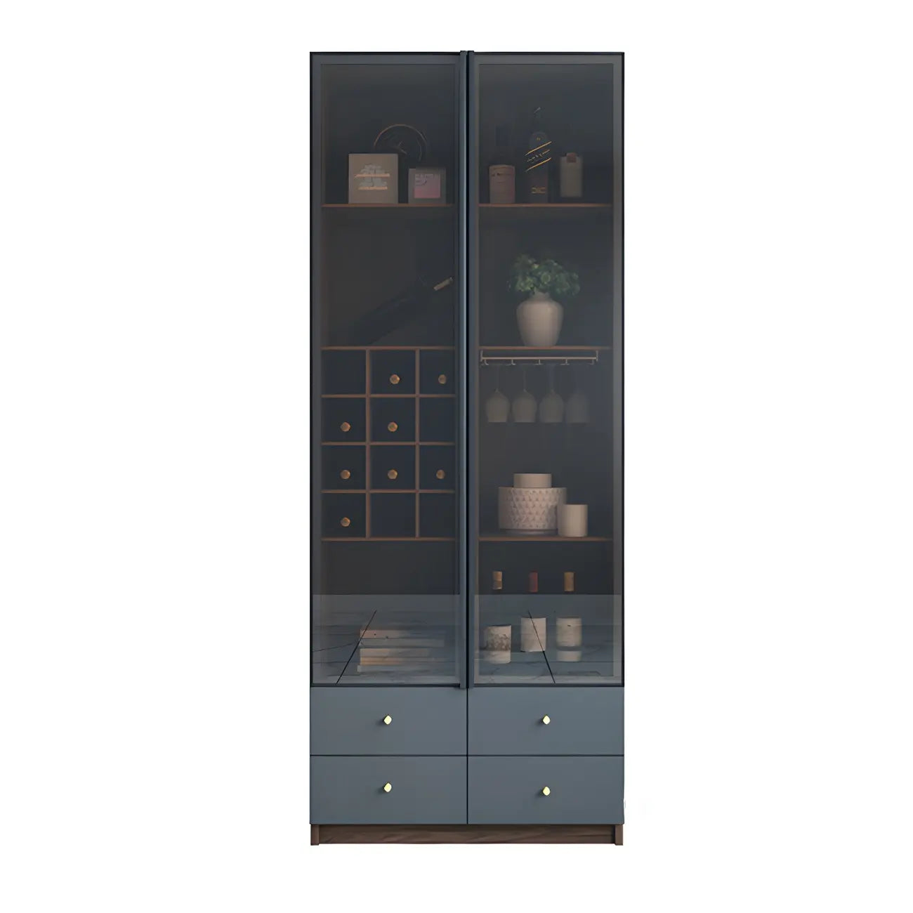 Credenza da esposizione in legno con ante in vetro ambrato e portabottiglie