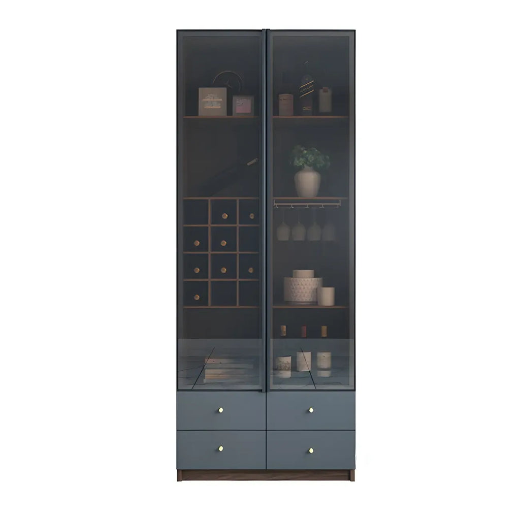 Credenza da esposizione in legno con ante in vetro ambrato e portabottiglie
