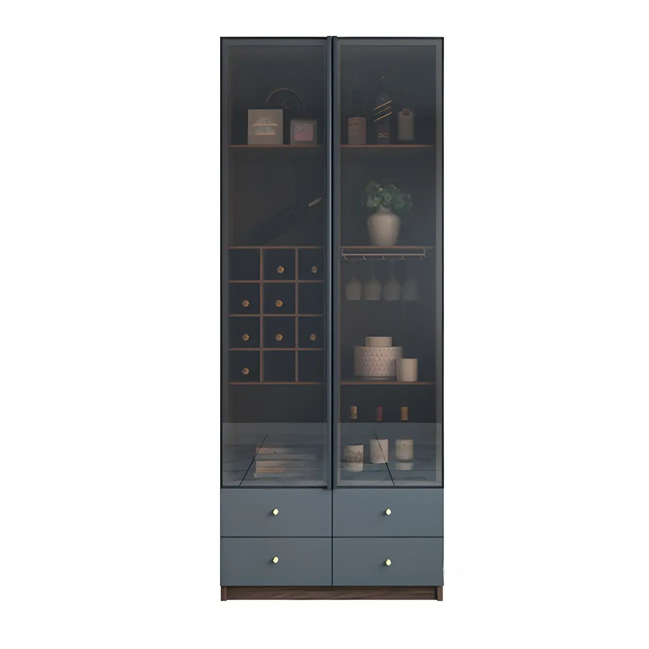 Credenza da esposizione in legno con ante in vetro ambrato e portabottiglie