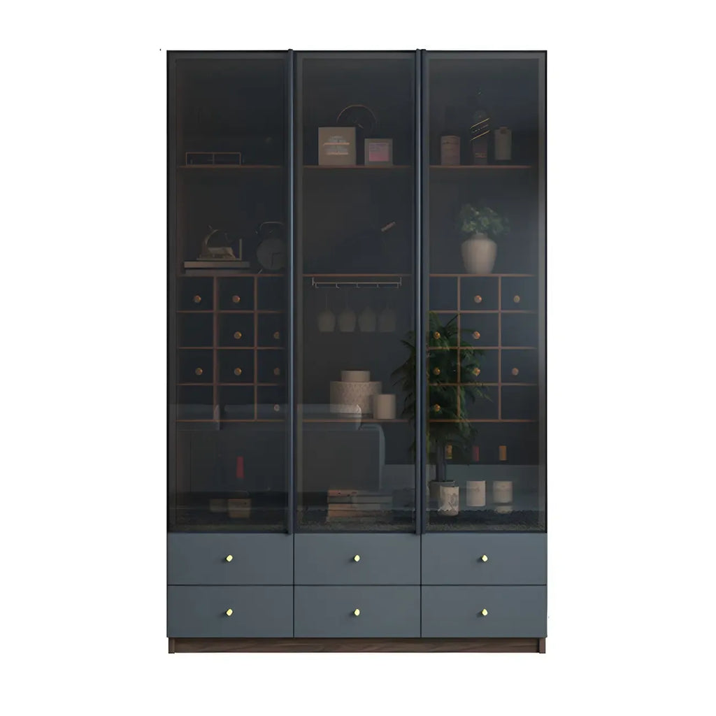 Credenza da esposizione in legno con ante in vetro ambrato e portabottiglie