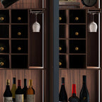 Credenza da esposizione in legno con ante in vetro ambrato e portabottiglie