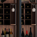 Credenza da esposizione in legno con ante in vetro ambrato e portabottiglie