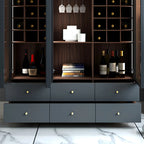 Credenza da esposizione in legno con ante in vetro ambrato e portabottiglie