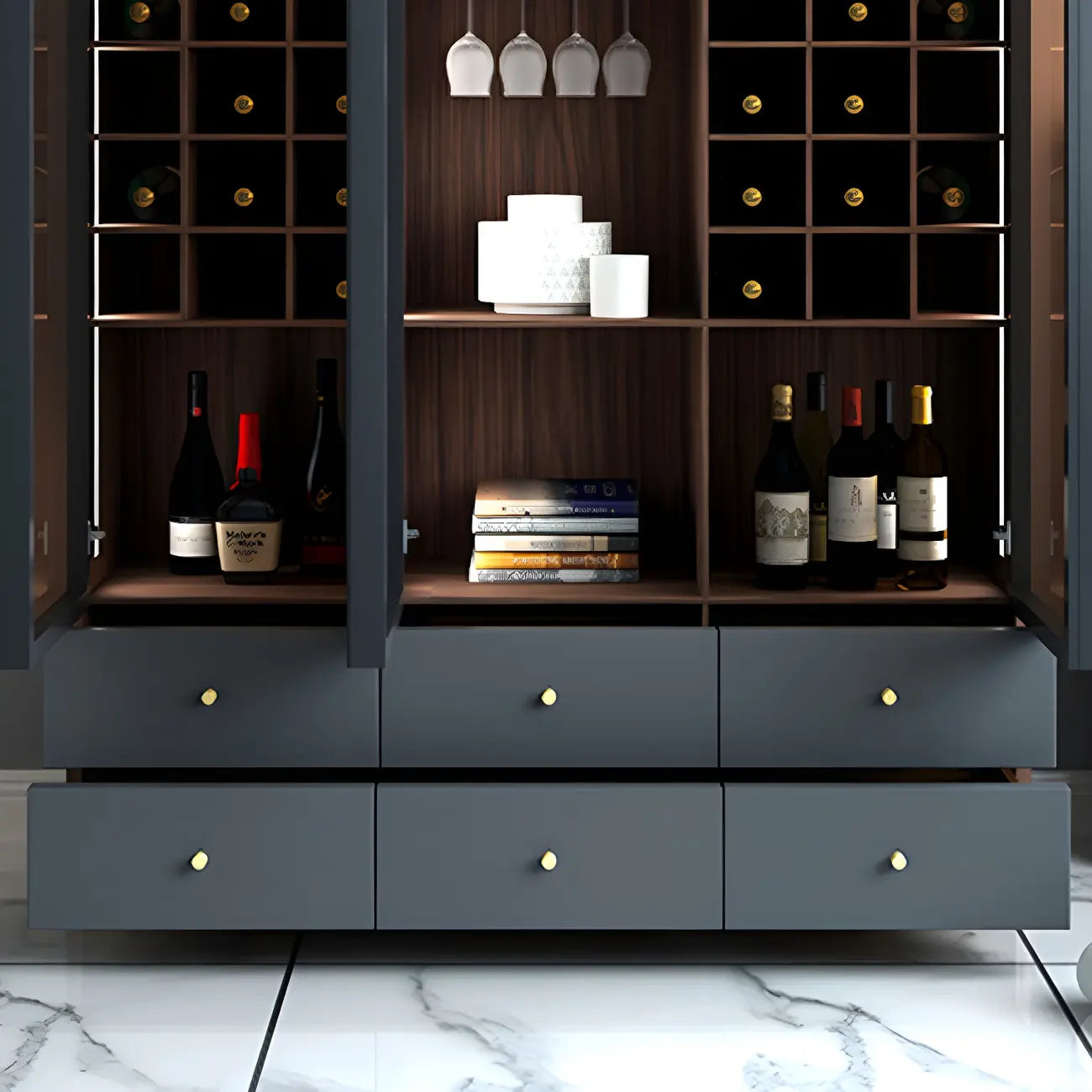 Credenza da esposizione in legno con ante in vetro ambrato e portabottiglie