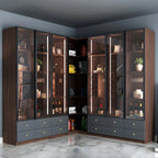 Credenza da esposizione in legno con ante in vetro ambrato e portabottiglie