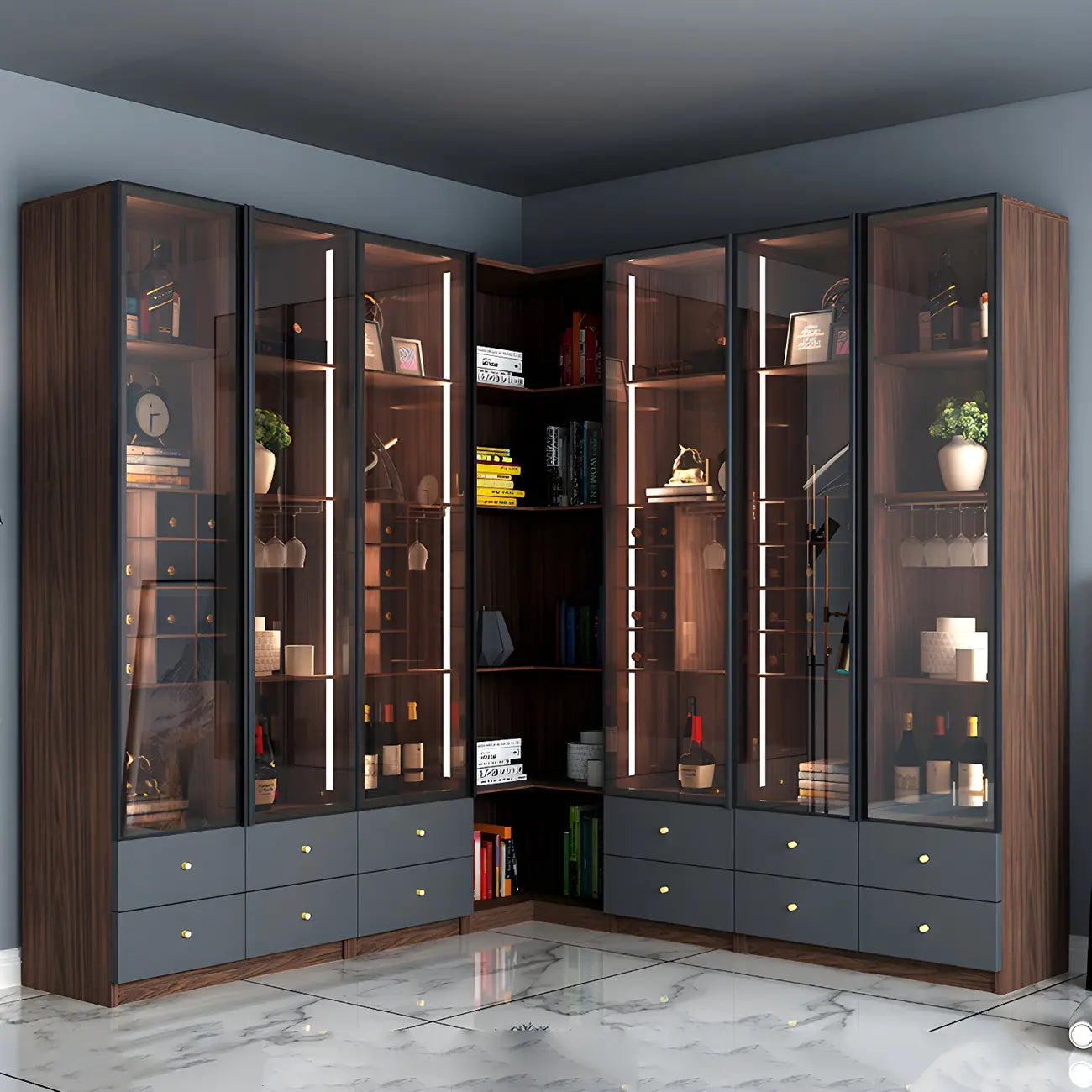 Credenza da esposizione in legno con ante in vetro ambrato e portabottiglie