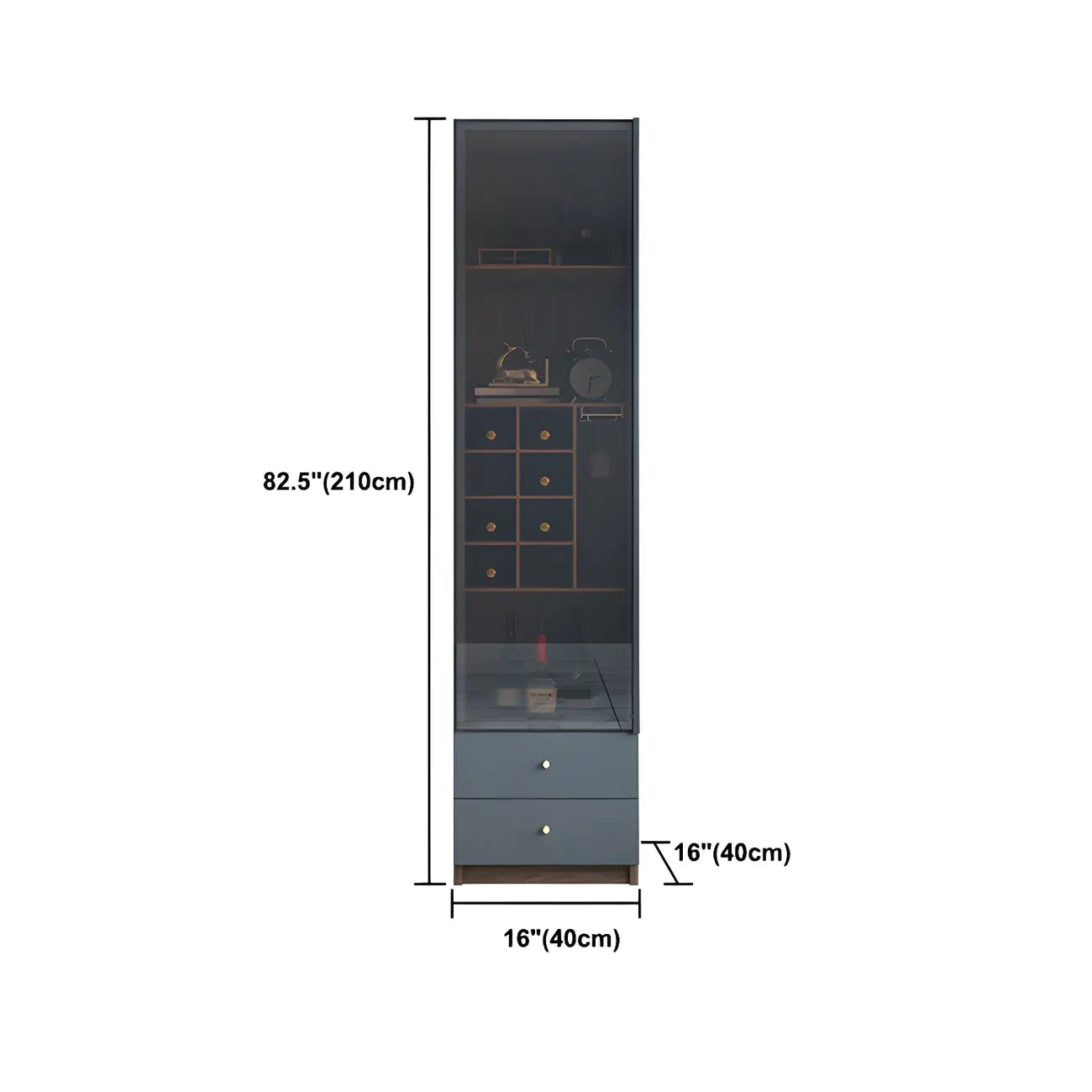 Credenza da esposizione in legno con ante in vetro ambrato e portabottiglie