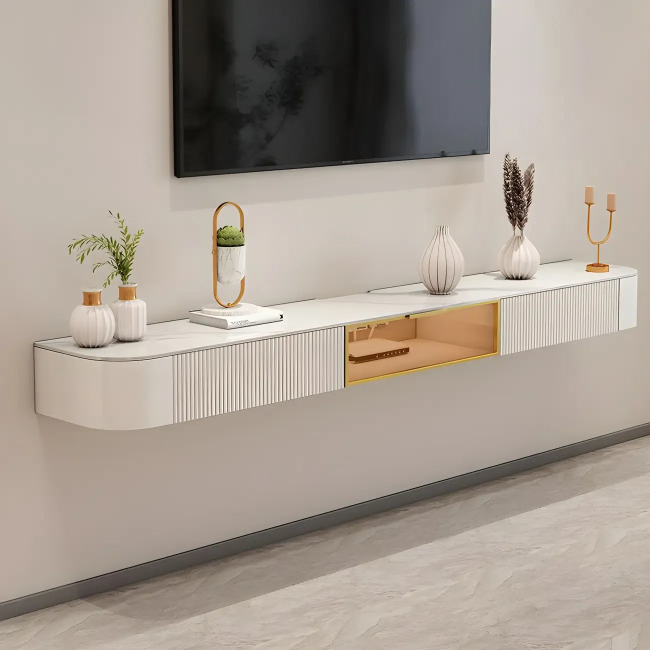 Mobile TV galleggiante 79 White Stone con cassetto e armadietto
