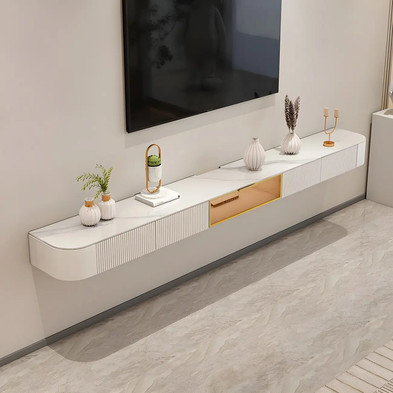 Mobile TV galleggiante 79 White Stone con cassetto e armadietto