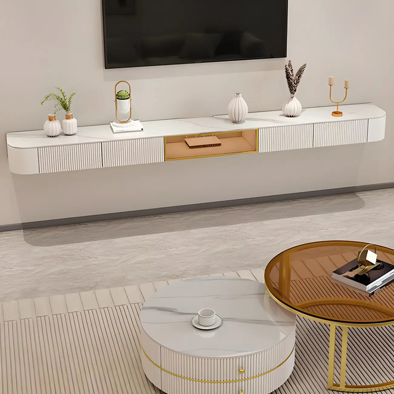 Mobile TV galleggiante 79 White Stone con cassetto e armadietto